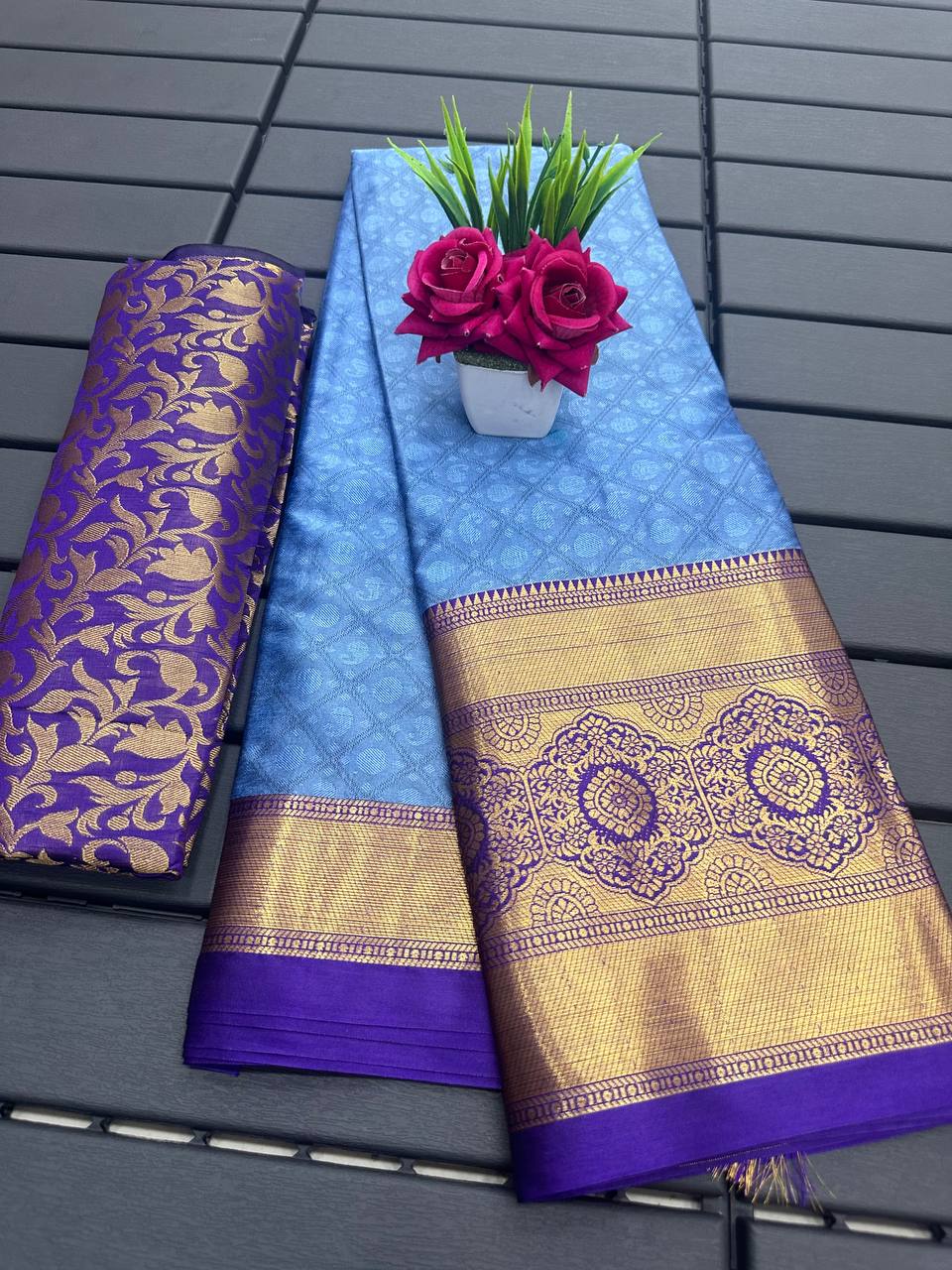 Blue Purple Golden Design Myra Cotton Silk Saree