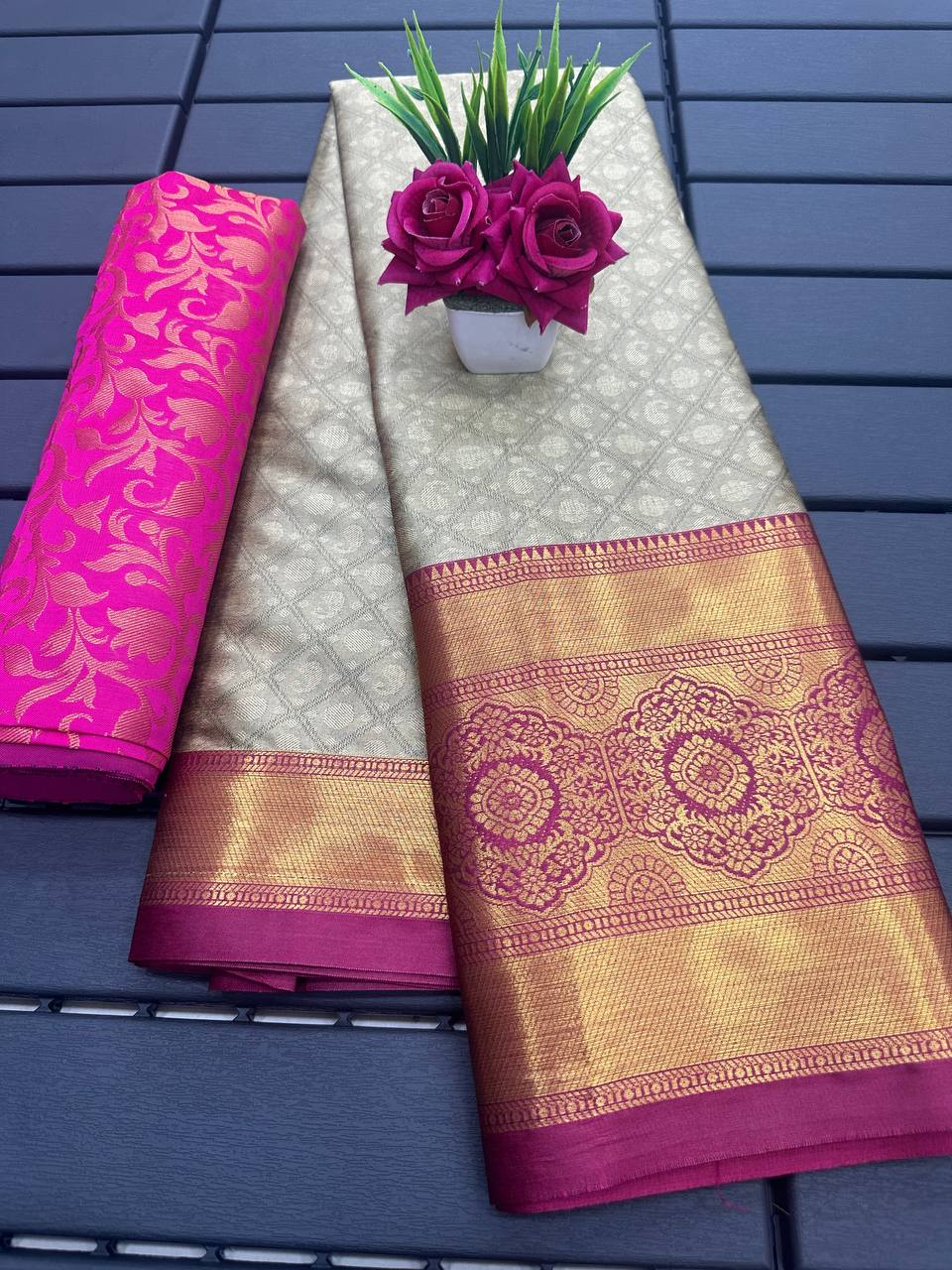 Chiku Pink Golden Design Myra Cotton Silk Saree