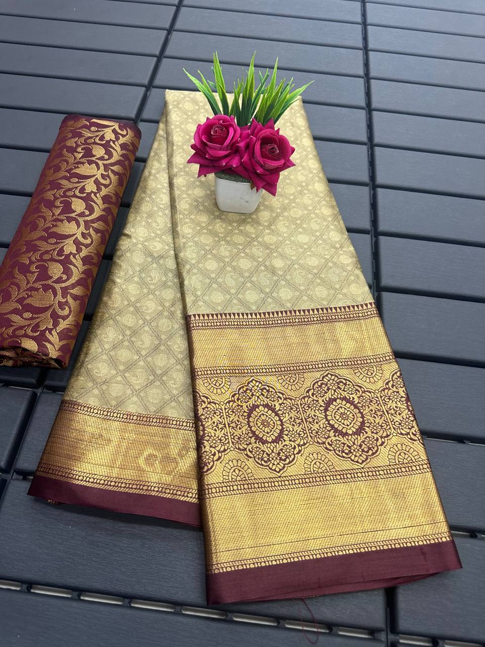 Chiku Brown Golden Design Myra Cotton Silk Saree