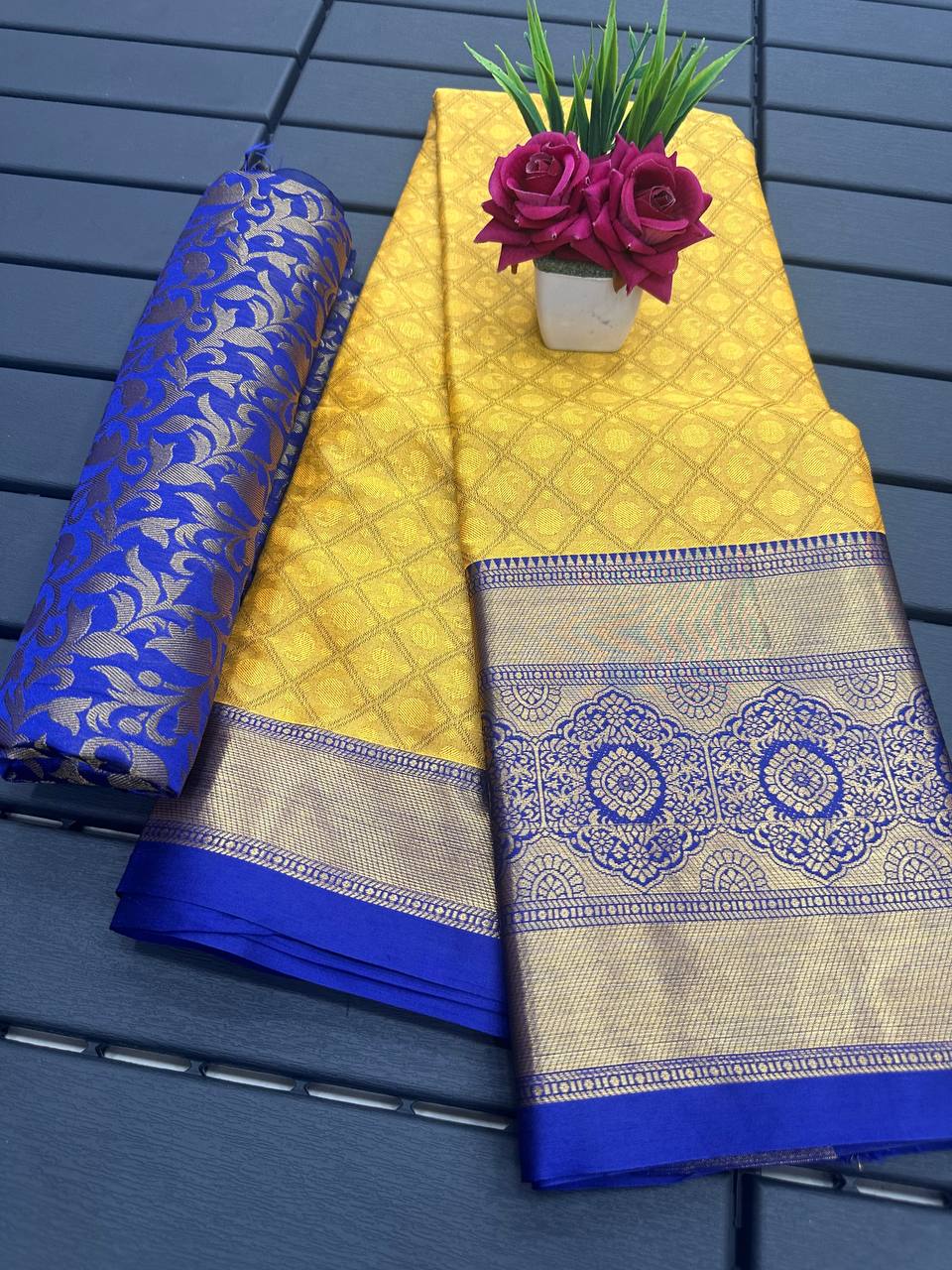 Mustard Blue Golden Design Myra Cotton Silk Saree