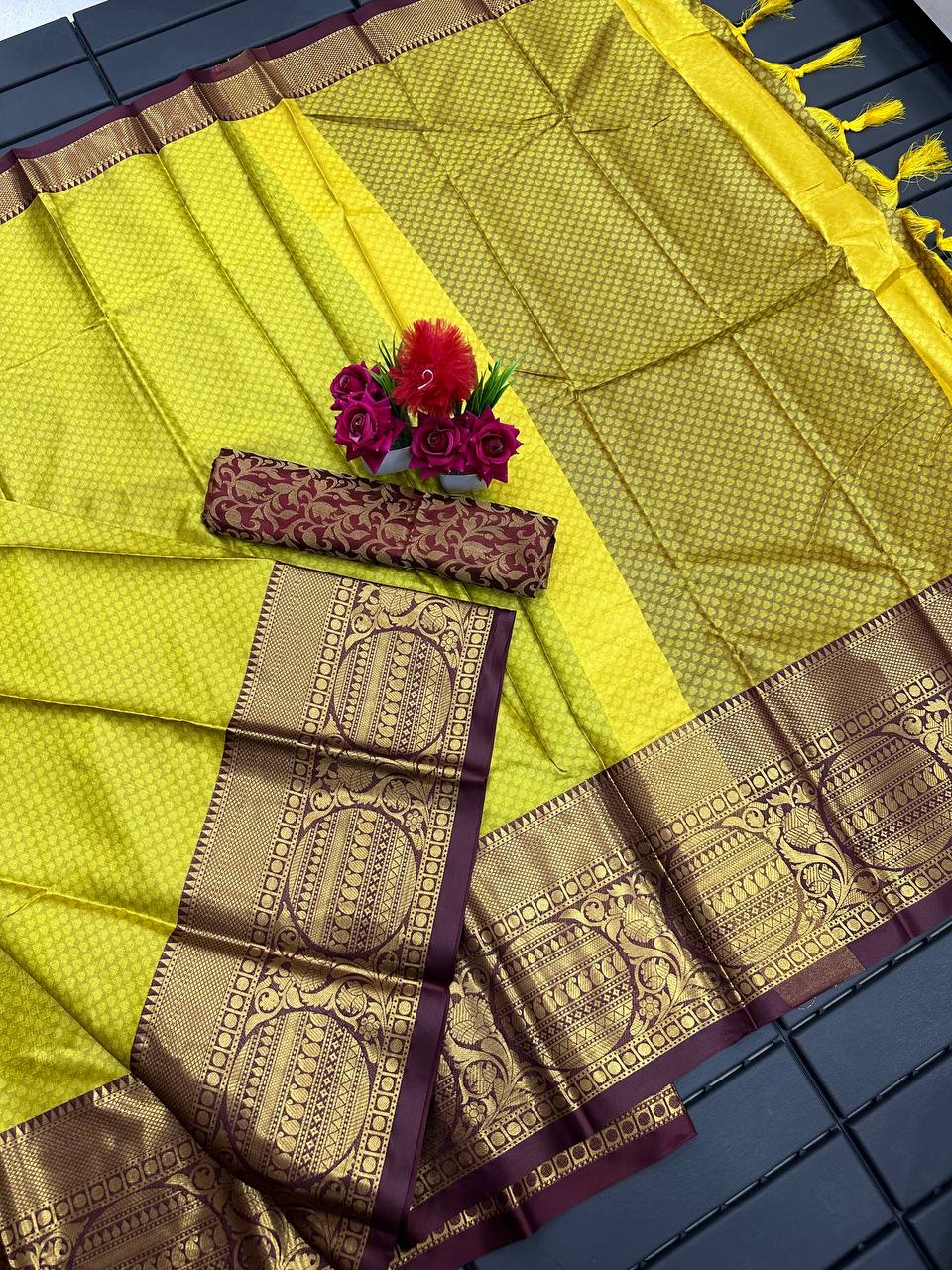 Yellow Brown Golden Design Malvika Cotton Silk Saree