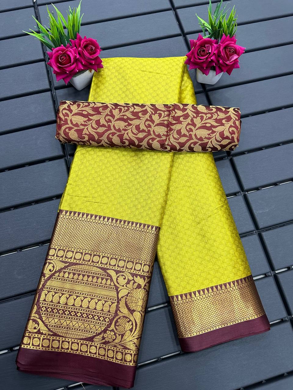 Yellow Brown Golden Design Malvika Cotton Silk Saree