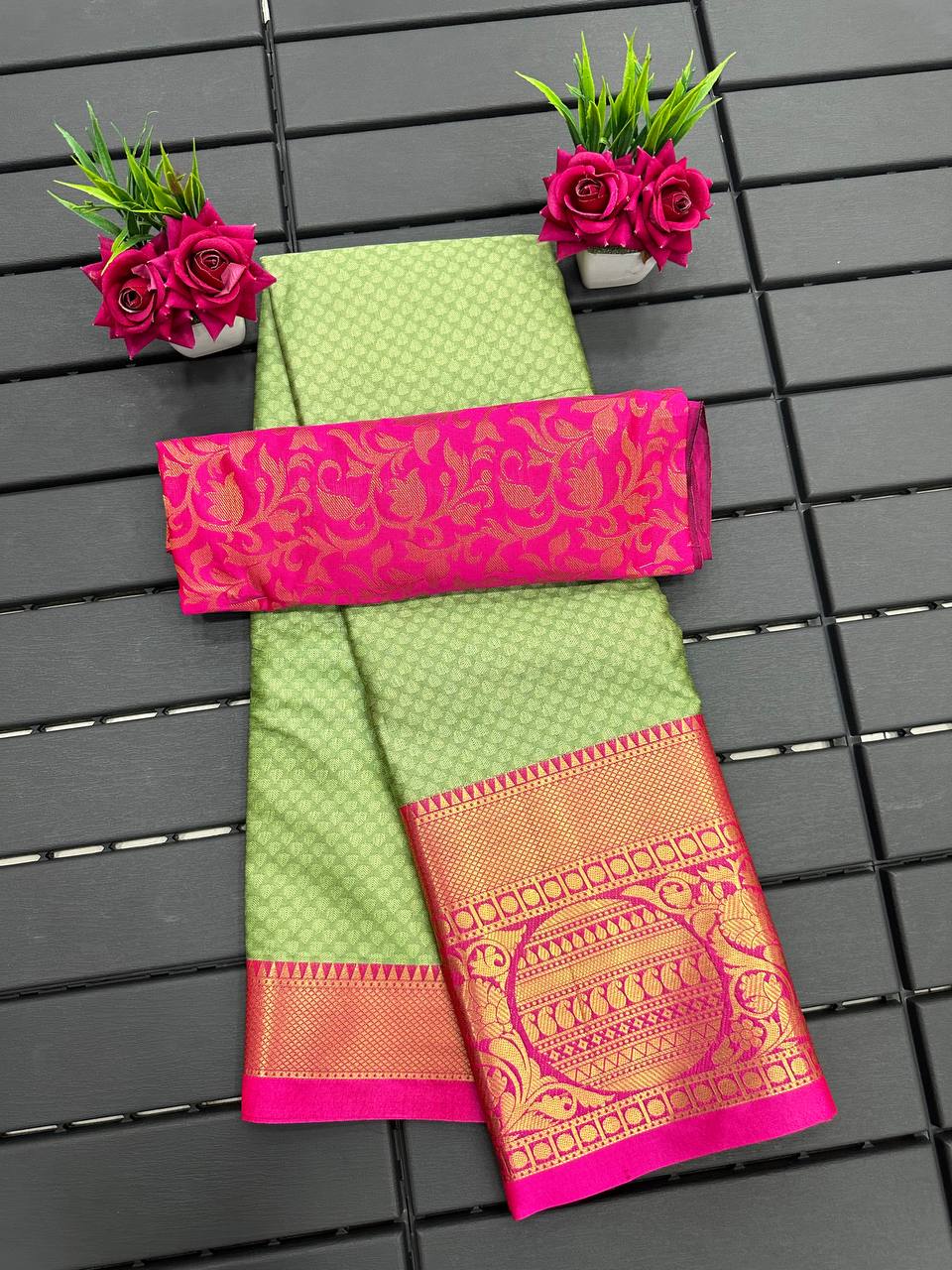 Pista Pink Golden Design Malvika Cotton Silk Saree