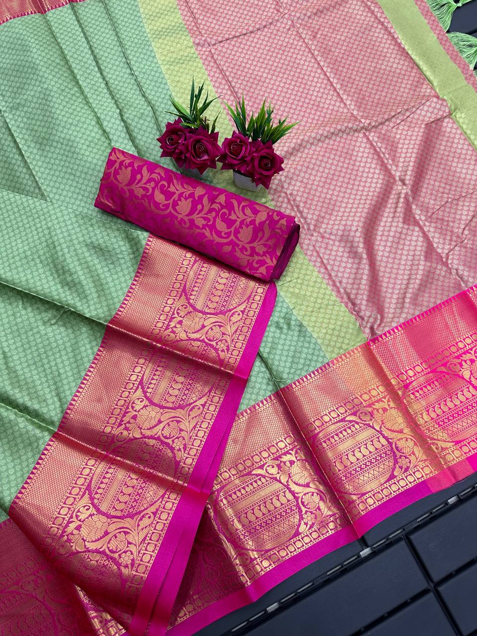 Pista Pink Golden Design Malvika Cotton Silk Saree