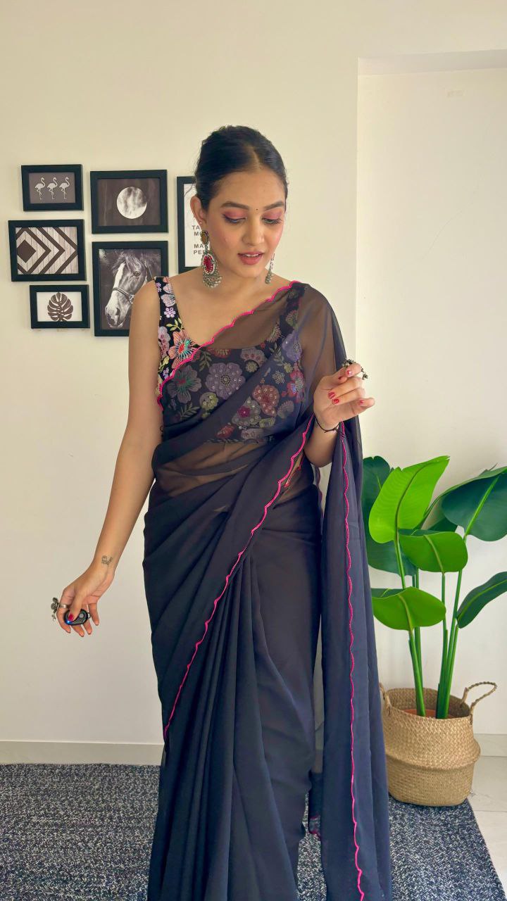 1-Minute Ready To Wear black - fox georgette saree with sequence work and multicolour thread work design blouse.