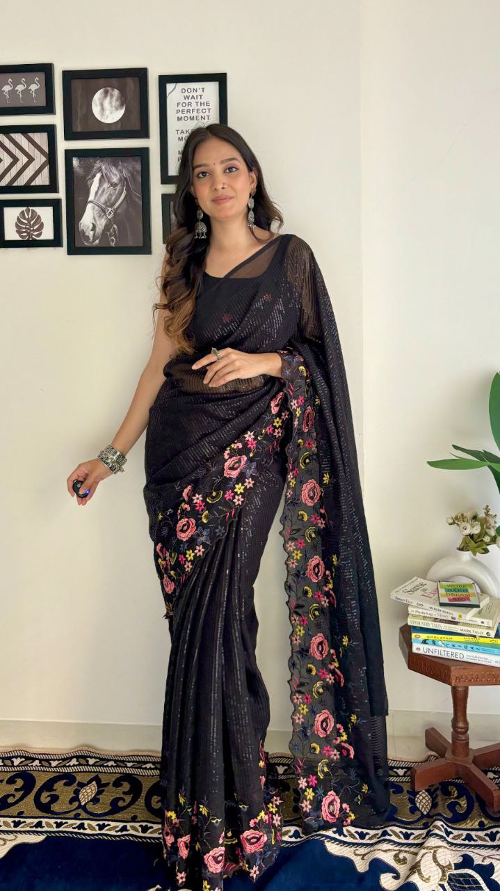 Most Beautiful Collection In Georgette With Crush Pattern Fabric With Sequence Embroidery Work Saree