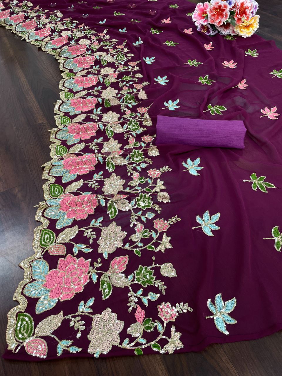 Designer Floral Seqwance work & multi colour embroidery saree