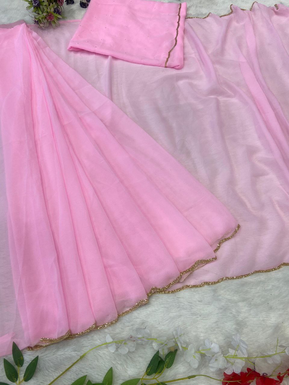 Most Beautiful Latest Ready To Wear Saree Premium Georgette Embellished With Beautiful Handwork With Cutwork Border-Baby pink