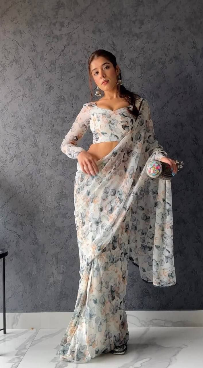 1 min ready to wear  white leaf saree with unstitched blouse