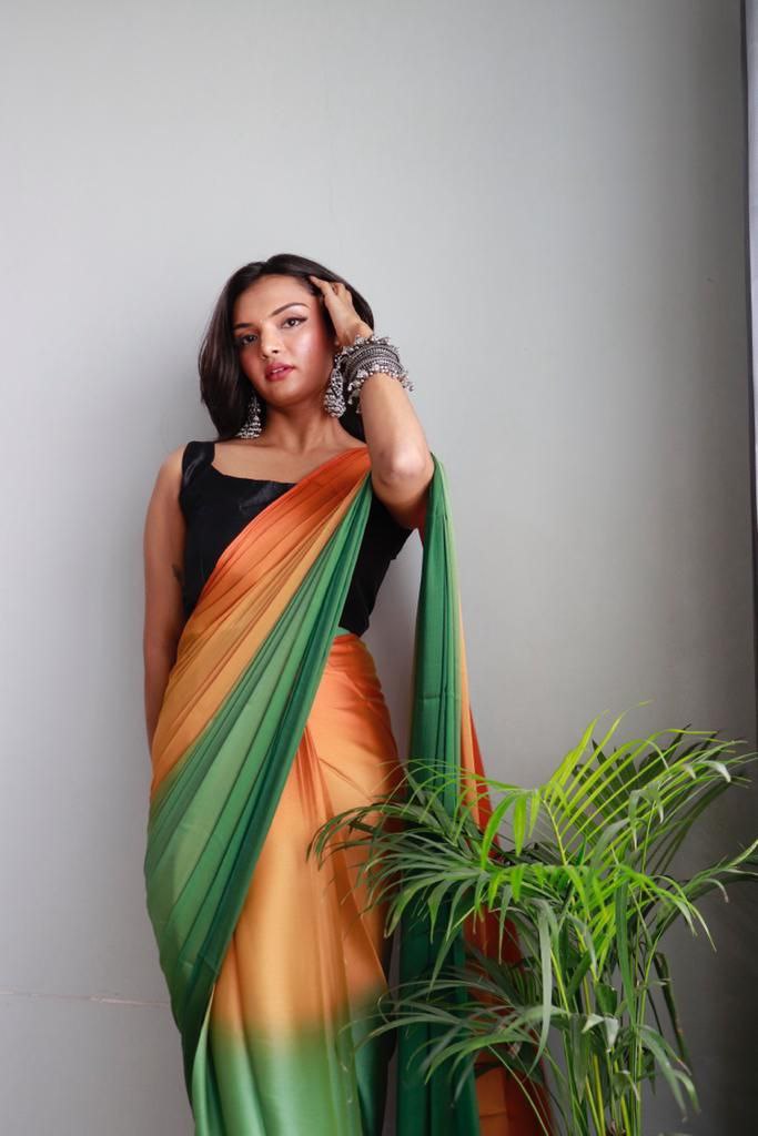 1-Min Ready To Wear Soft Nylon 3D Padding Saree With Unstitched Blouse.