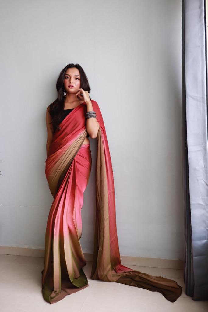 1-Min Ready To Wear Soft Nylon 3D Padding Saree With Unstitched Blouse.