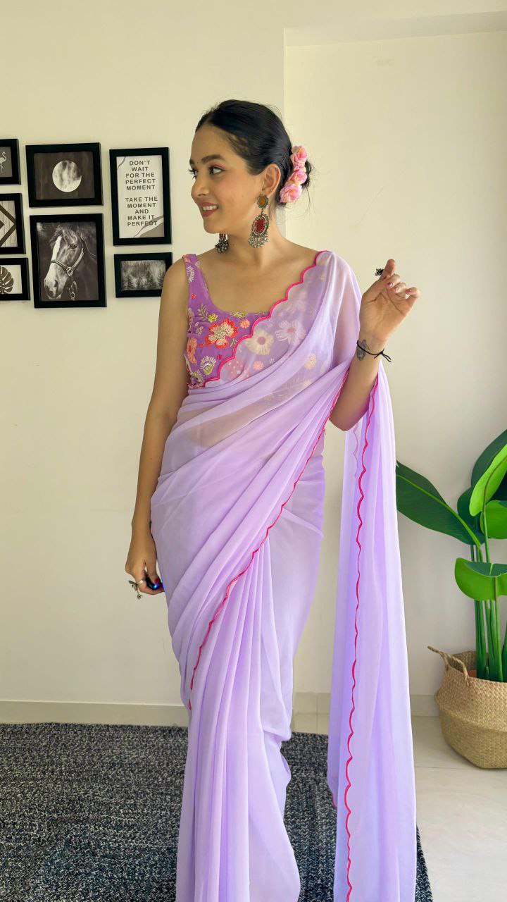 1-Minute Ready To Wear Lavender - fox georgette saree with sequence work and multicolour thread work design blouse.