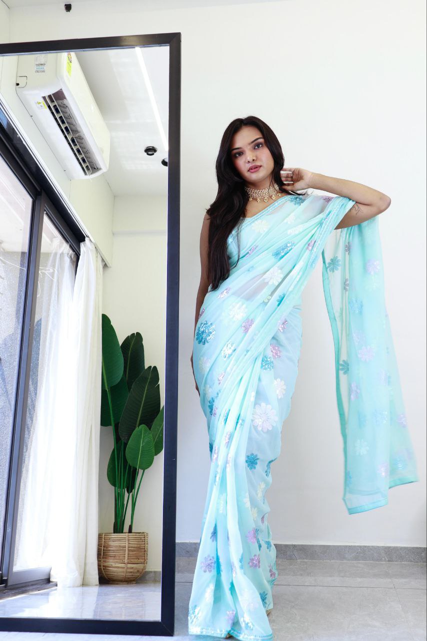 flower sky blue - faux Georgette Saree with sequence Embroidery Work.