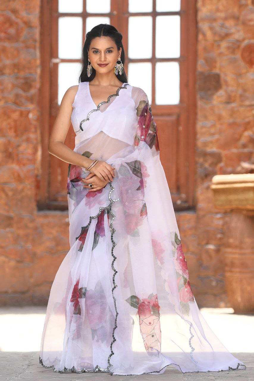 WHITE-Soft Pure Organza Silk Beautiful Digital Print Handwork Saree With Unstitched Blouse.