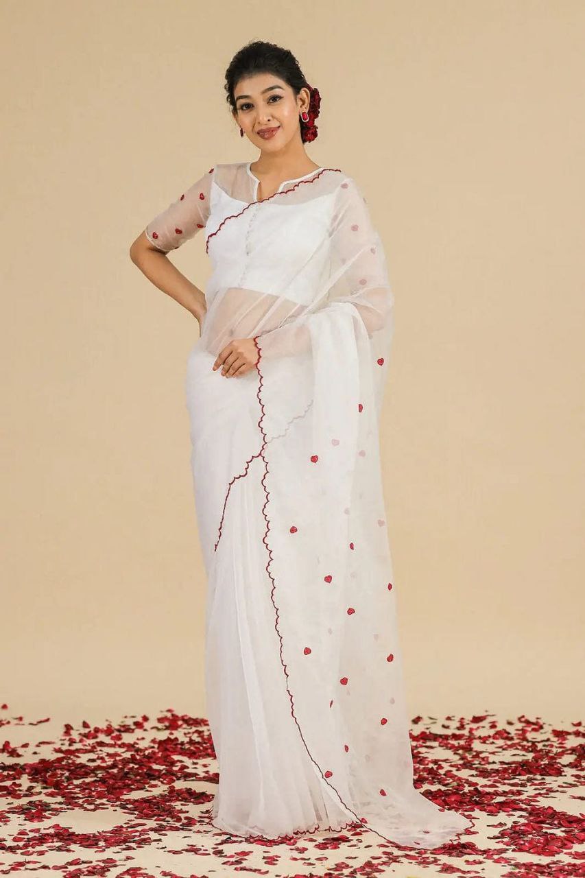 WHITE-Soft Pure Organza Silk Beautiful Digital Print Handwork Saree With Unstitched Blouse.