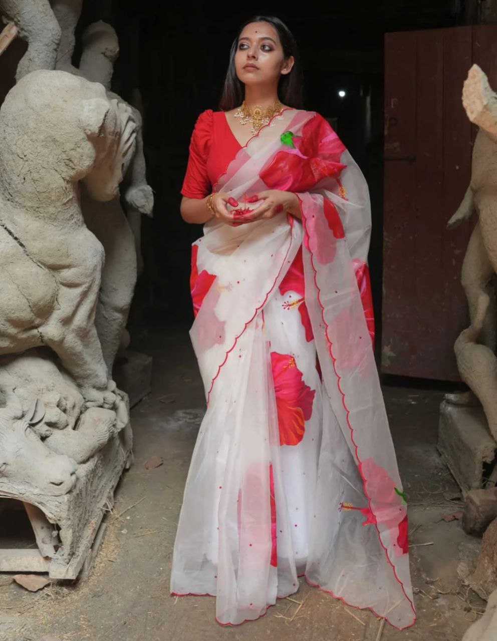 RED FLOWER-Soft Pure Organza Silk Beautiful Digital Print Handwork Saree With Unstitched Blouse.