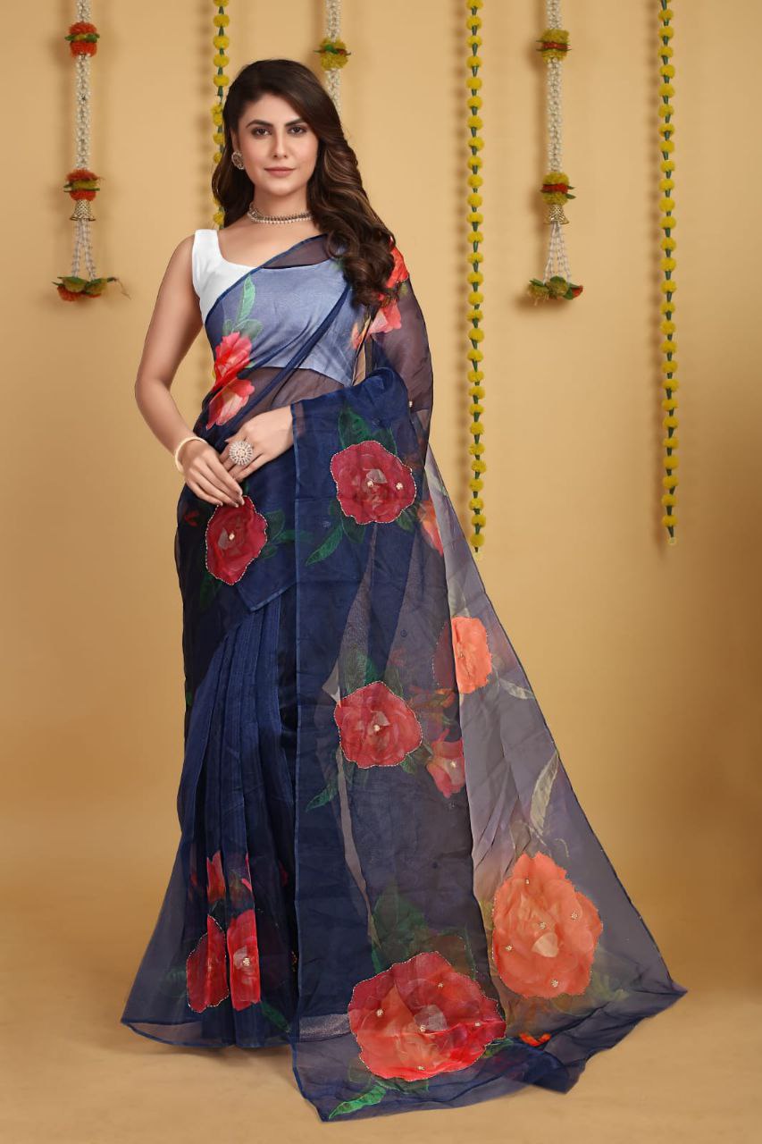 BLUE-Soft Pure Organza Silk Beautiful Digital Print Handwork Saree With Unstitched Blouse.