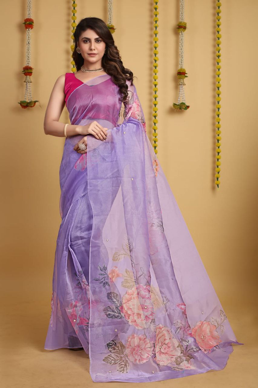 Soft Pure Organza Silk Beautiful Digital Print Handwork Saree With Unstitched Blouse.