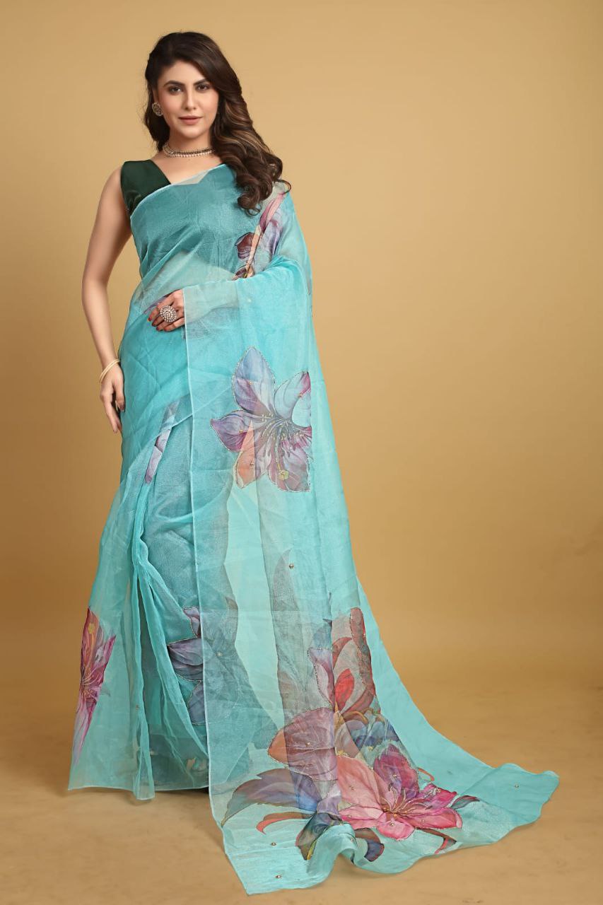 SKY-Soft Beautiful Digital Print Handwork Organza Silk Saree With Unstitched Blouse.