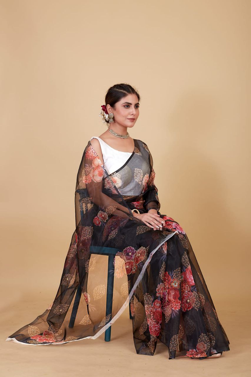 BLACK-Soft Beautiful Digital Print Handwork Organza Silk Saree With Unstitched Blouse.