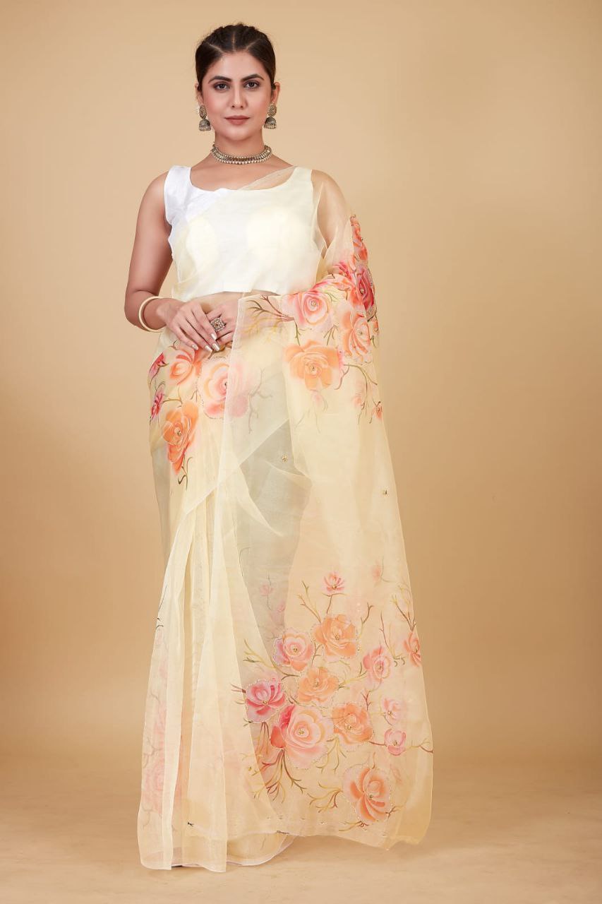 CREAM-Soft Beautiful Digital Print Handwork Organza Silk Saree With Unstitched Blouse.