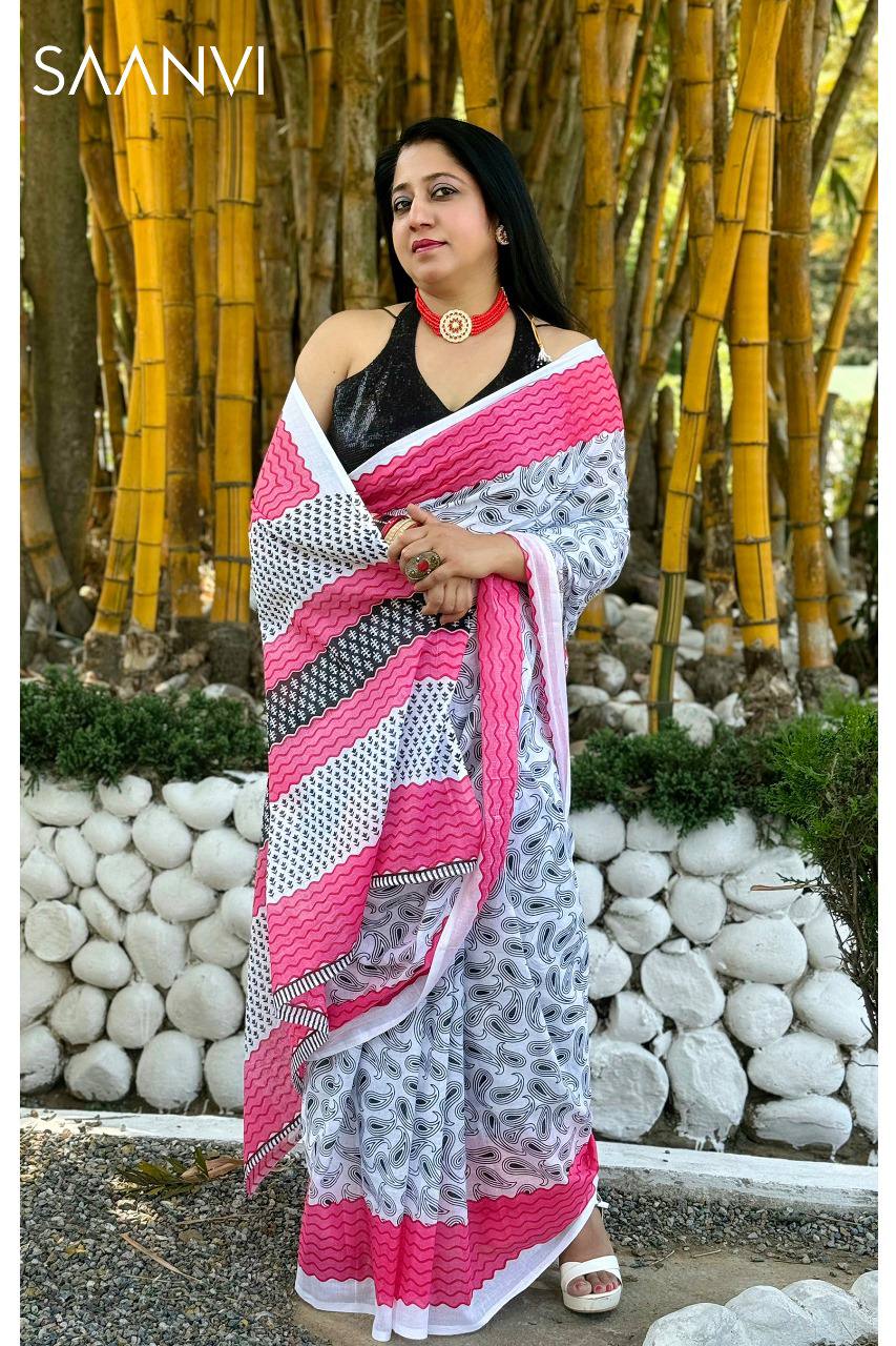 SAANVI-White And Pink 100% Soft Pure Cotton Saree With Unstitched Blouse.