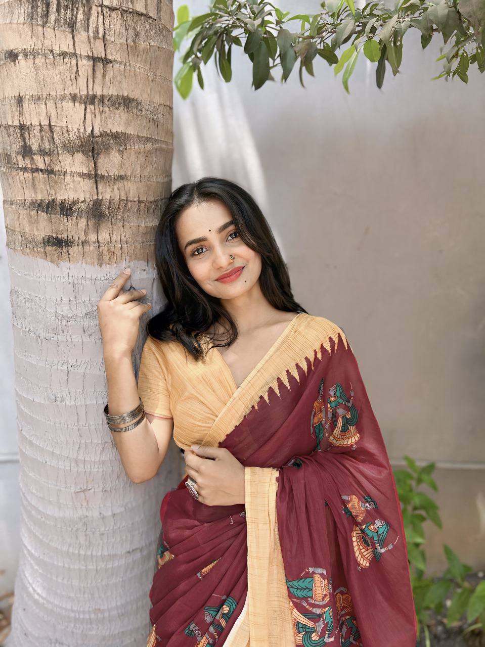 RAMLEELA 2-Maroon 100% Soft Pure Cotton Saree With Unstitched Blouse.