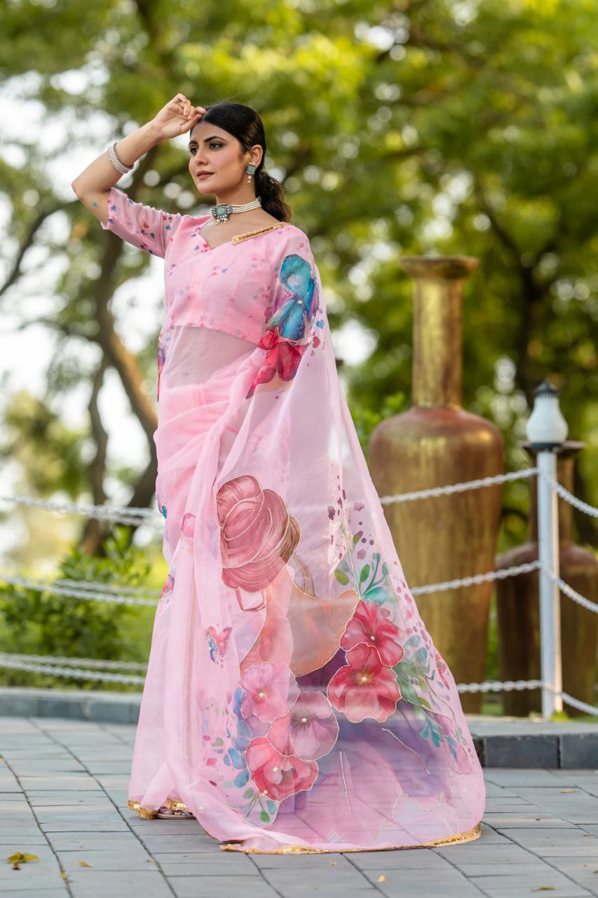 Pink-Soft Pure Organza Silk Beautiful Digital Print Handwork Saree With Unstitched Blouse.