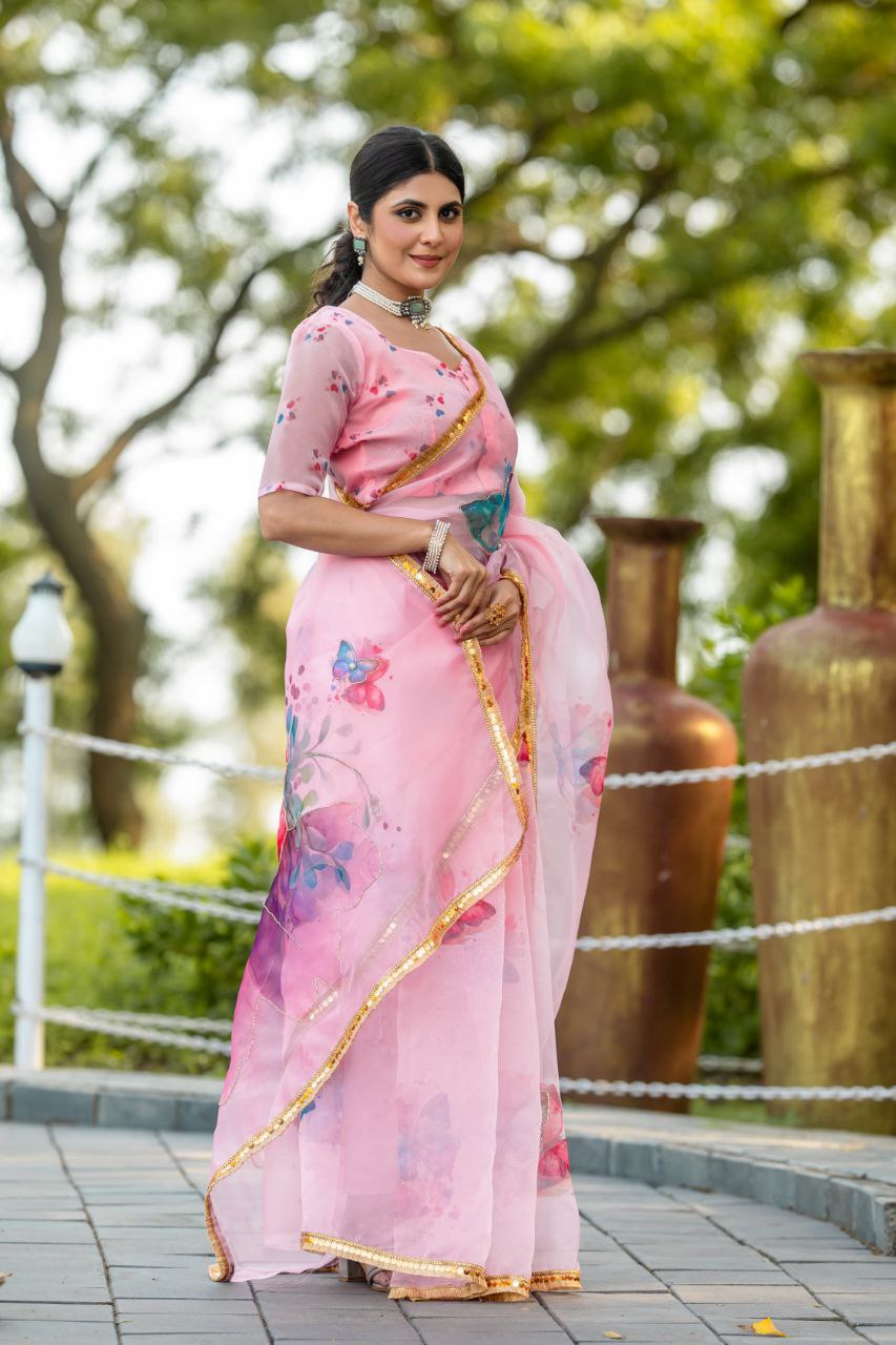 Pink-Soft Pure Organza Silk Beautiful Digital Print Handwork Saree With Unstitched Blouse.