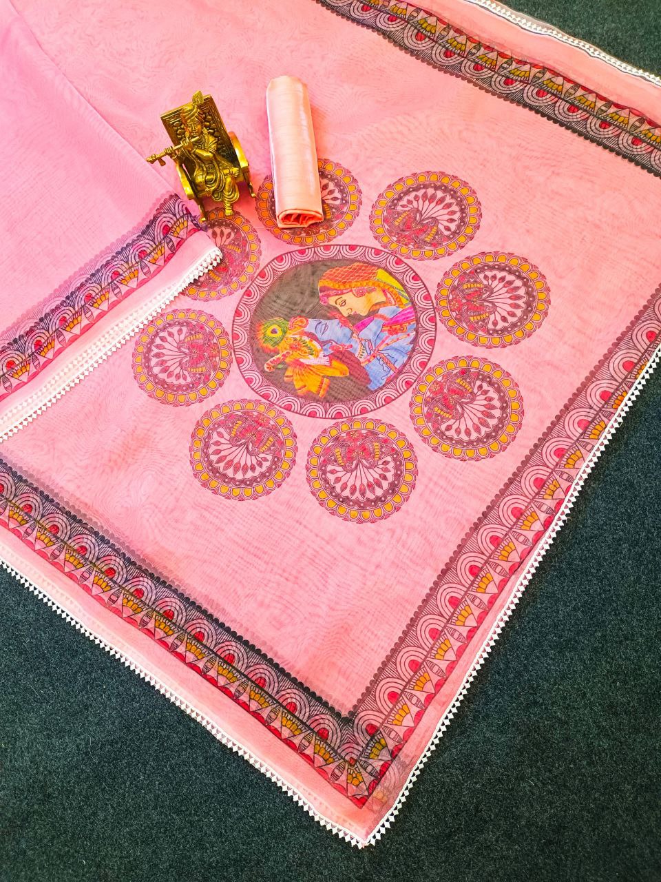 Pink- Radha Krishna Digital Print Soft Pure Organza Saree With Unstitched Blouse.