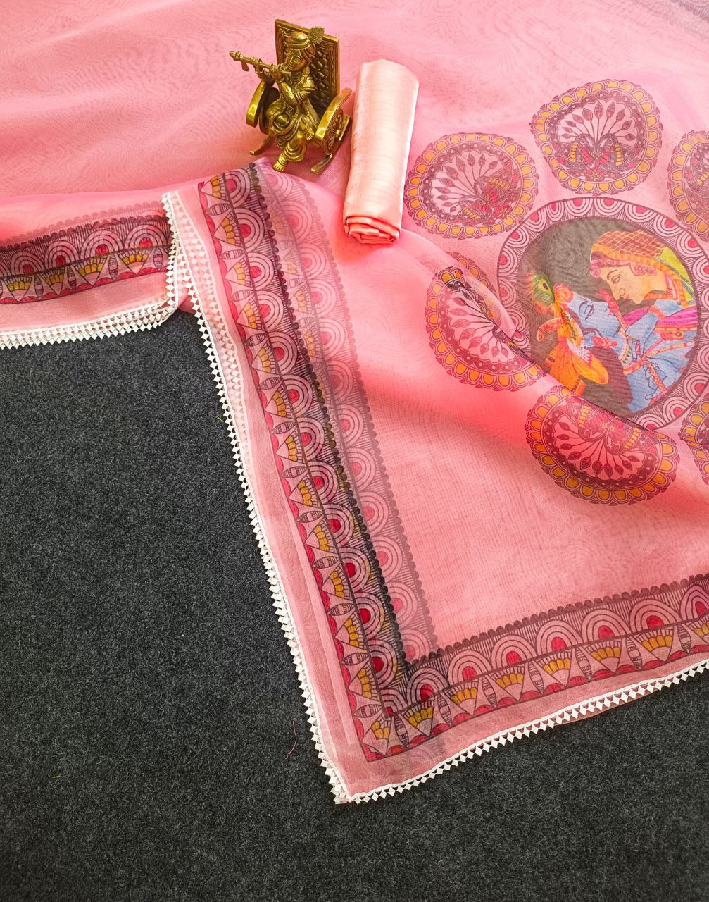 Pink- Radha Krishna Digital Print Soft Pure Organza Saree With Unstitched Blouse.