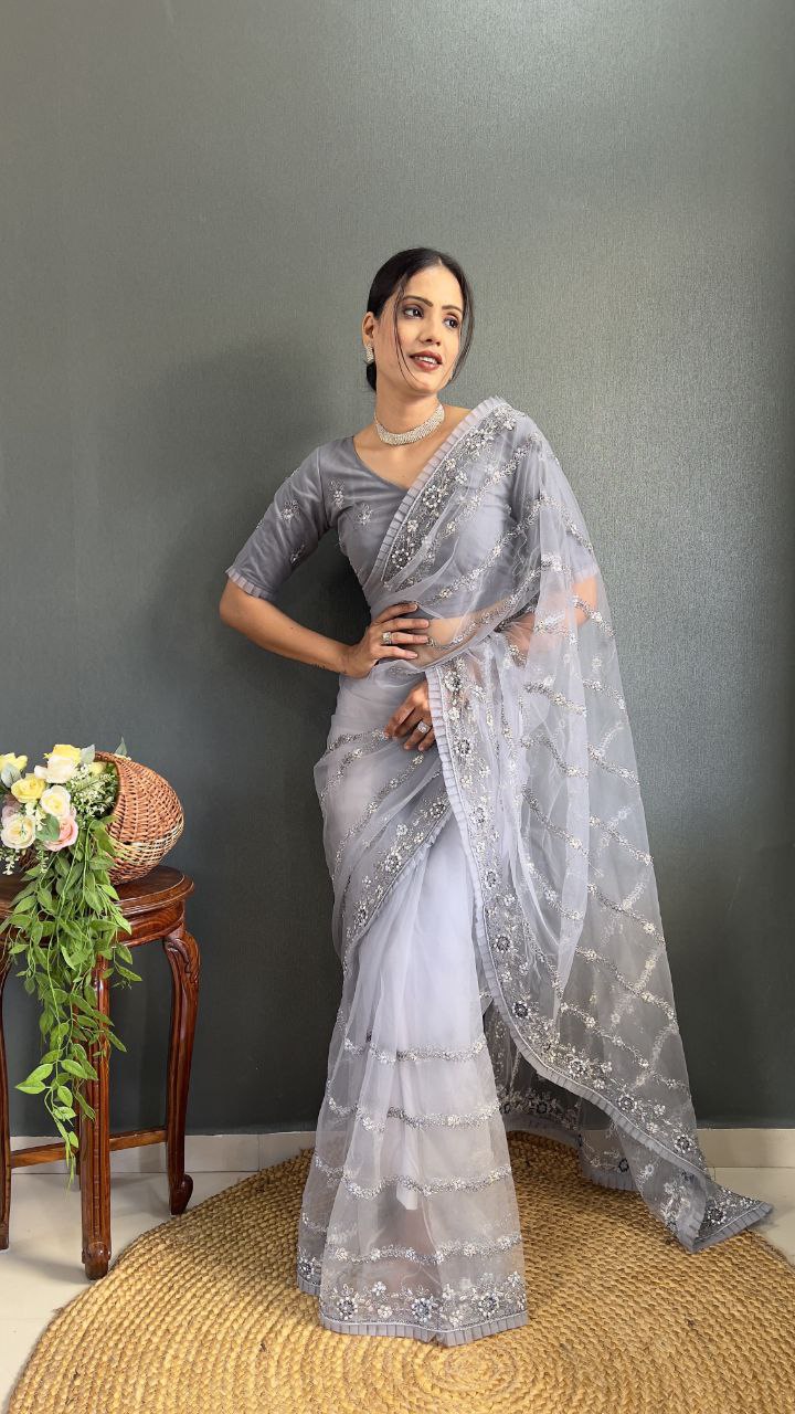 Most Beautiful Latest Premium Net Saree With Beautiful  Dori Work  With Heavy Sequins Work  With Heavy Hand Diamond Work And Beautiful Ruffle Lace On Saree