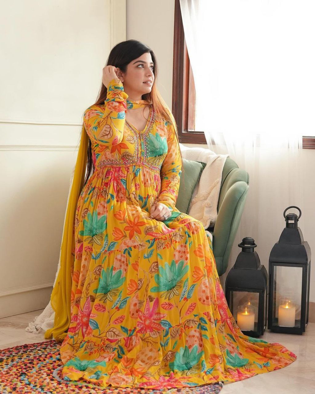 Glamourous Yellow Aliya Cut Which Is Beautifully Decorated With Intricate Handwork, Stonework Doriwork And Mirror Work