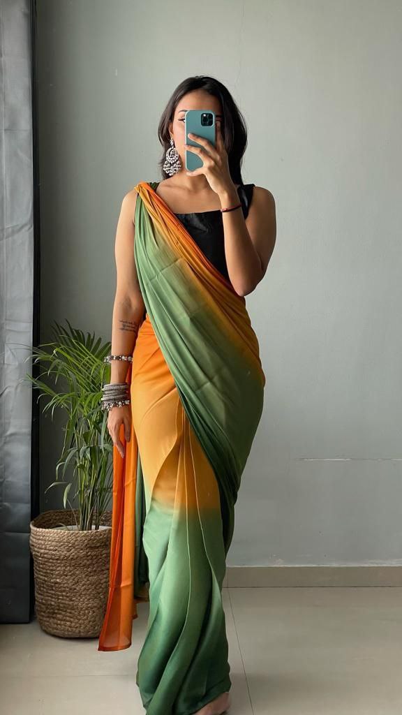 1-Min Ready To Wear Soft Nylon 3D Padding Saree With Unstitched Blouse.