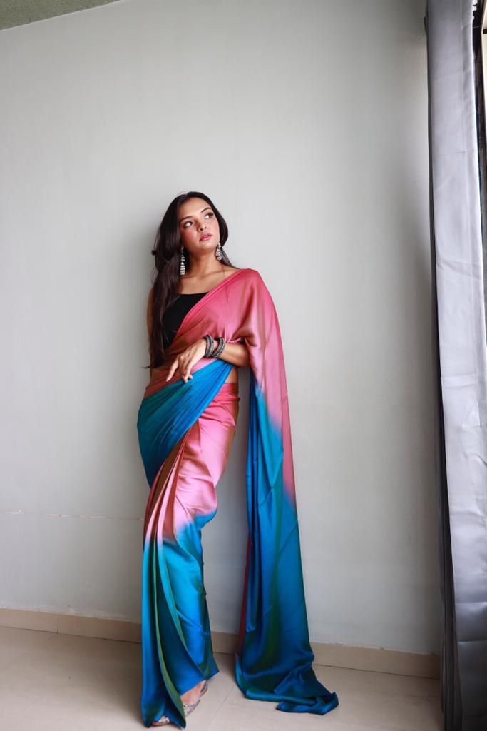 1-Min Ready To Wear Soft Nylon 3D Padding Saree With Unstitched Blouse.