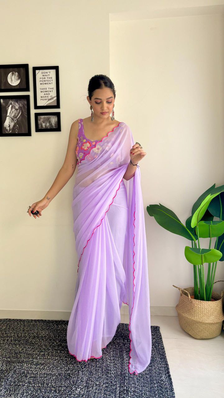 1-Minute Ready To Wear Lavender - fox georgette saree with sequence work and multicolour thread work design blouse.