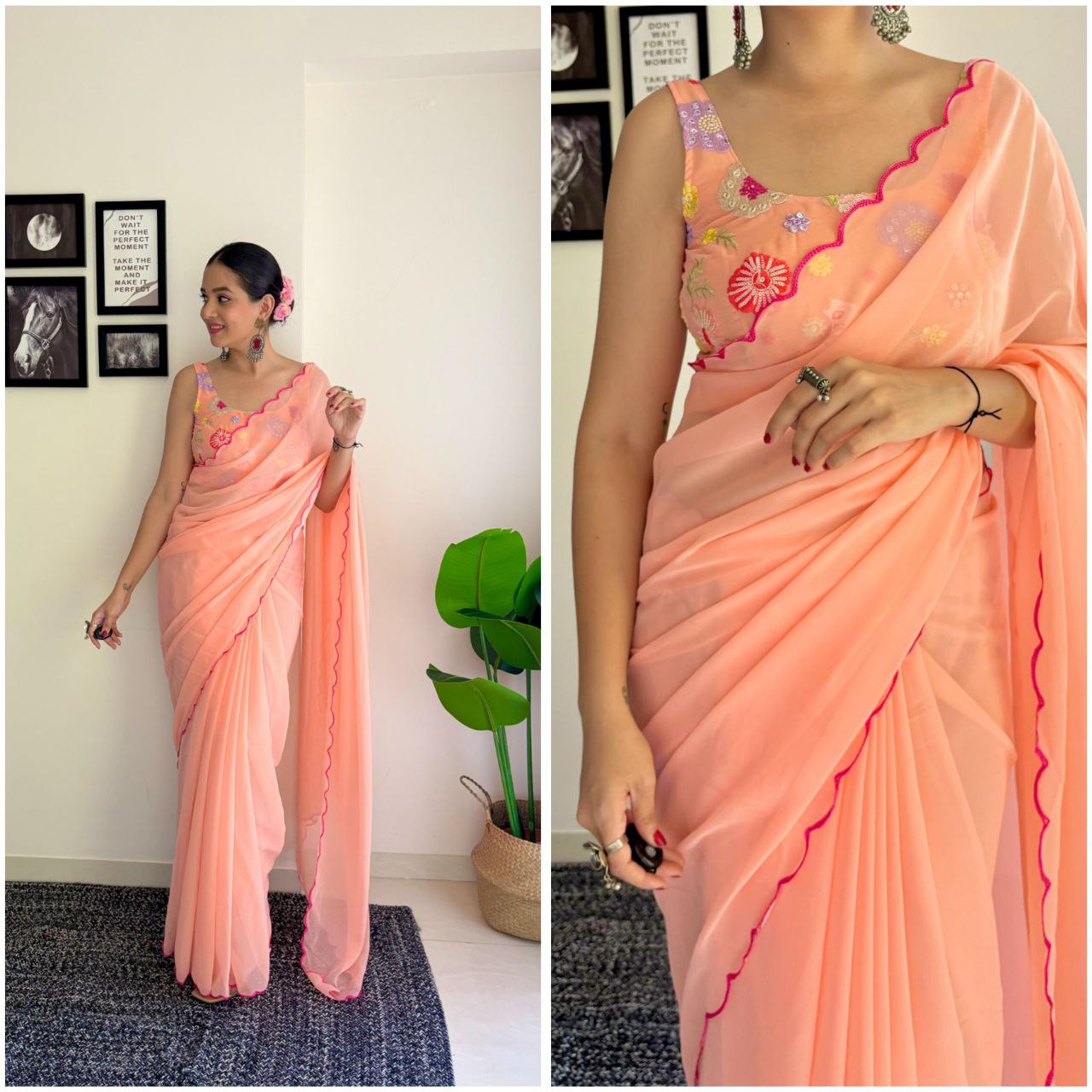 1-Minute Ready To Wear orange -fox georgette saree with sequence work and multicolour thread work design blouse.