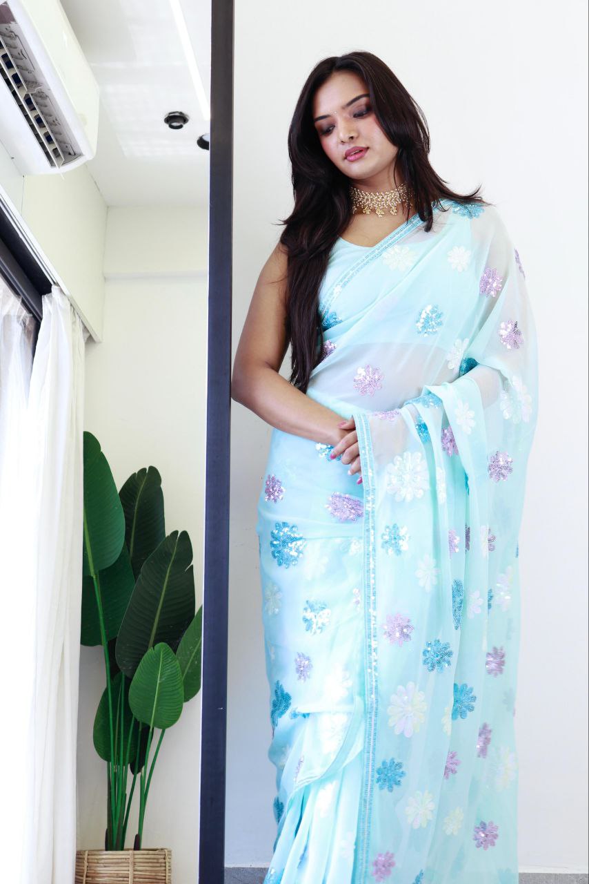 flower sky blue - faux Georgette Saree with sequence Embroidery Work.