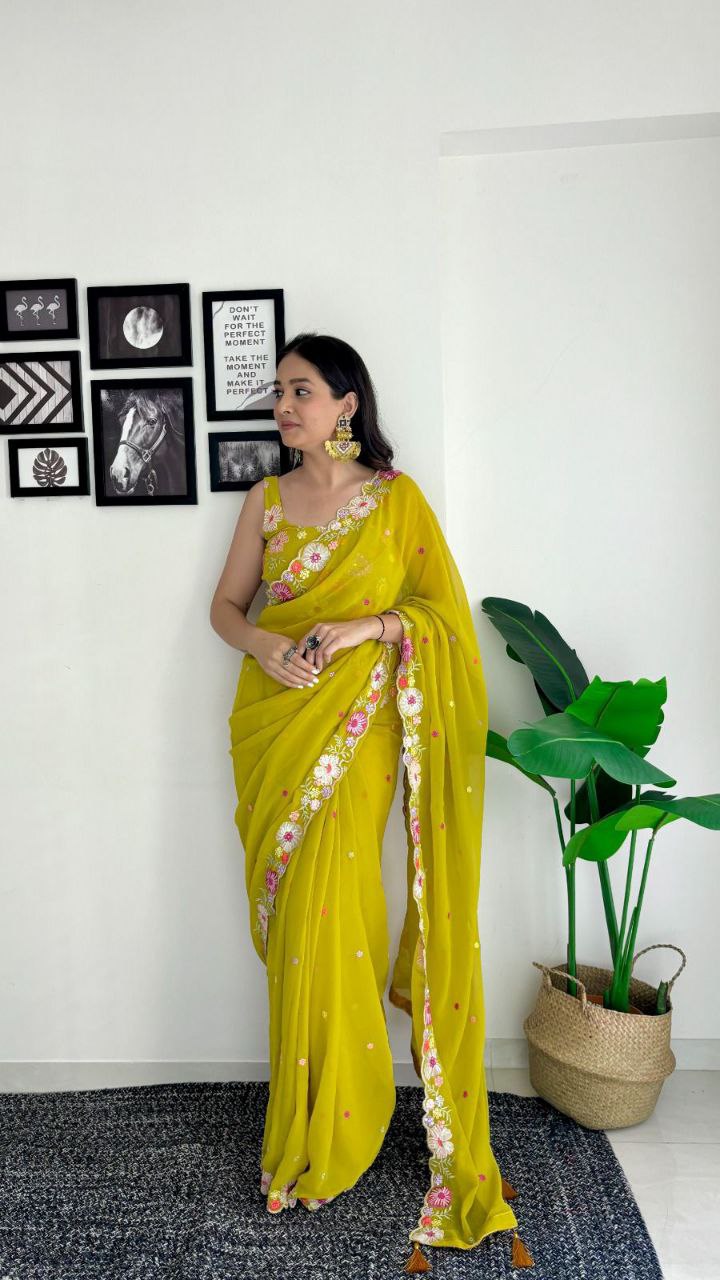 Yellow Saree - Fox Georgette Saree With Sequence Work And Multicolour Thread Work Design Saree And Blouse. (Unstitch)