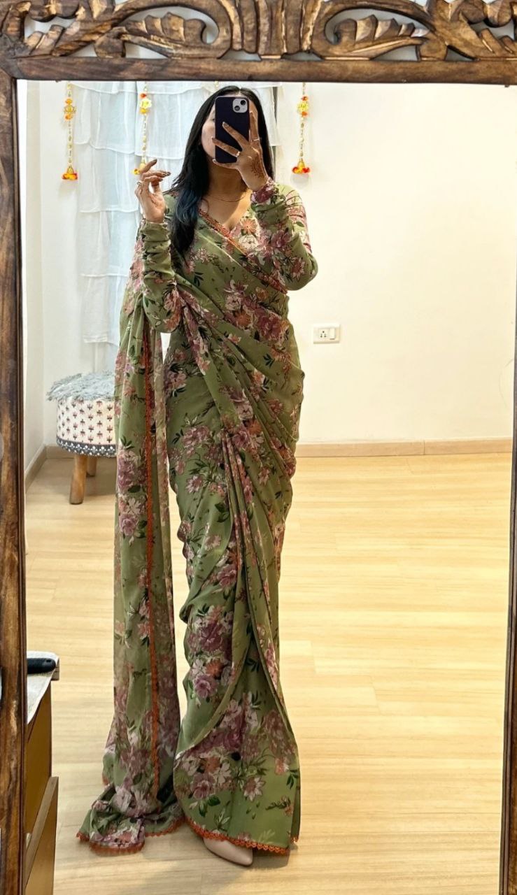 1-Min ready to wear fox georgette green floral digital print saree with unstitch blouse.