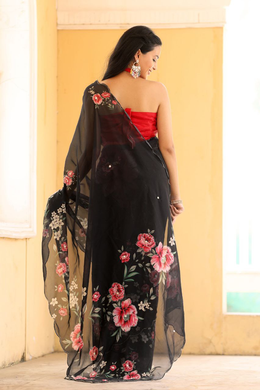 BLACK-Soft Pure Organza Silk Beautiful Digital Print Handwork Saree With Unstitched Blouse.