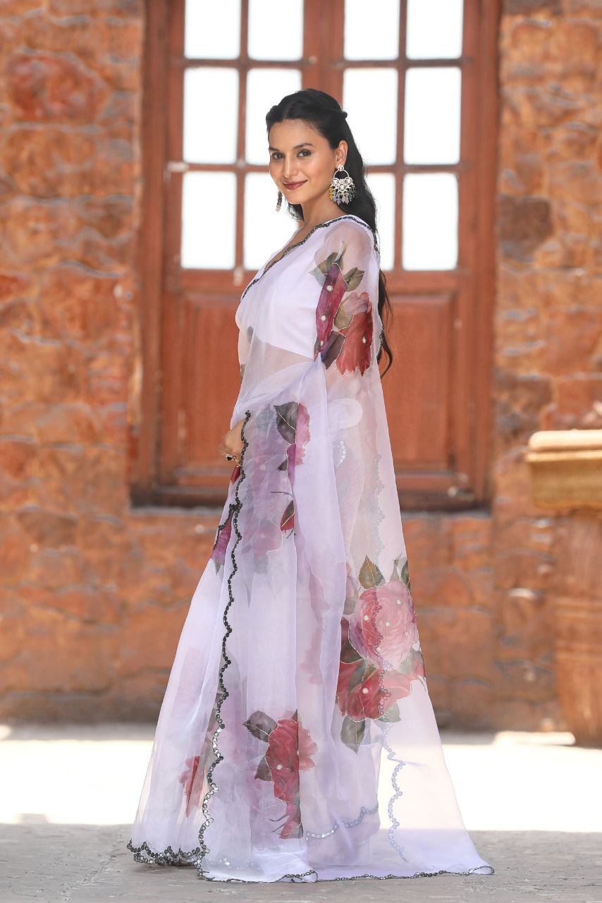 WHITE-Soft Pure Organza Silk Beautiful Digital Print Handwork Saree With Unstitched Blouse.