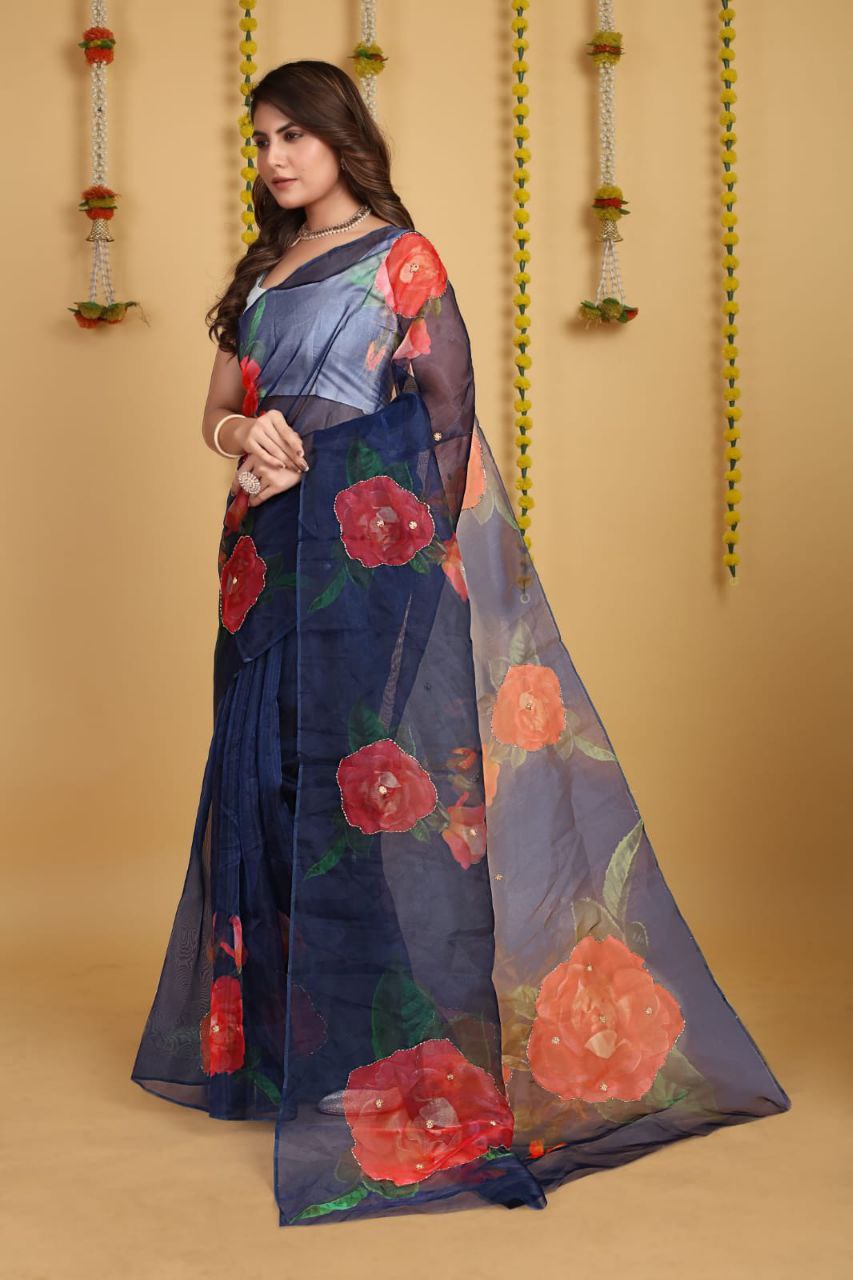 BLUE-Soft Pure Organza Silk Beautiful Digital Print Handwork Saree With Unstitched Blouse.