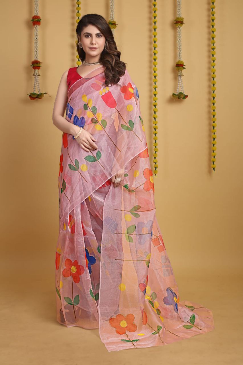 Soft Beautiful Digital Print Handwork Organza Silk Saree With Unstitched Blouse.