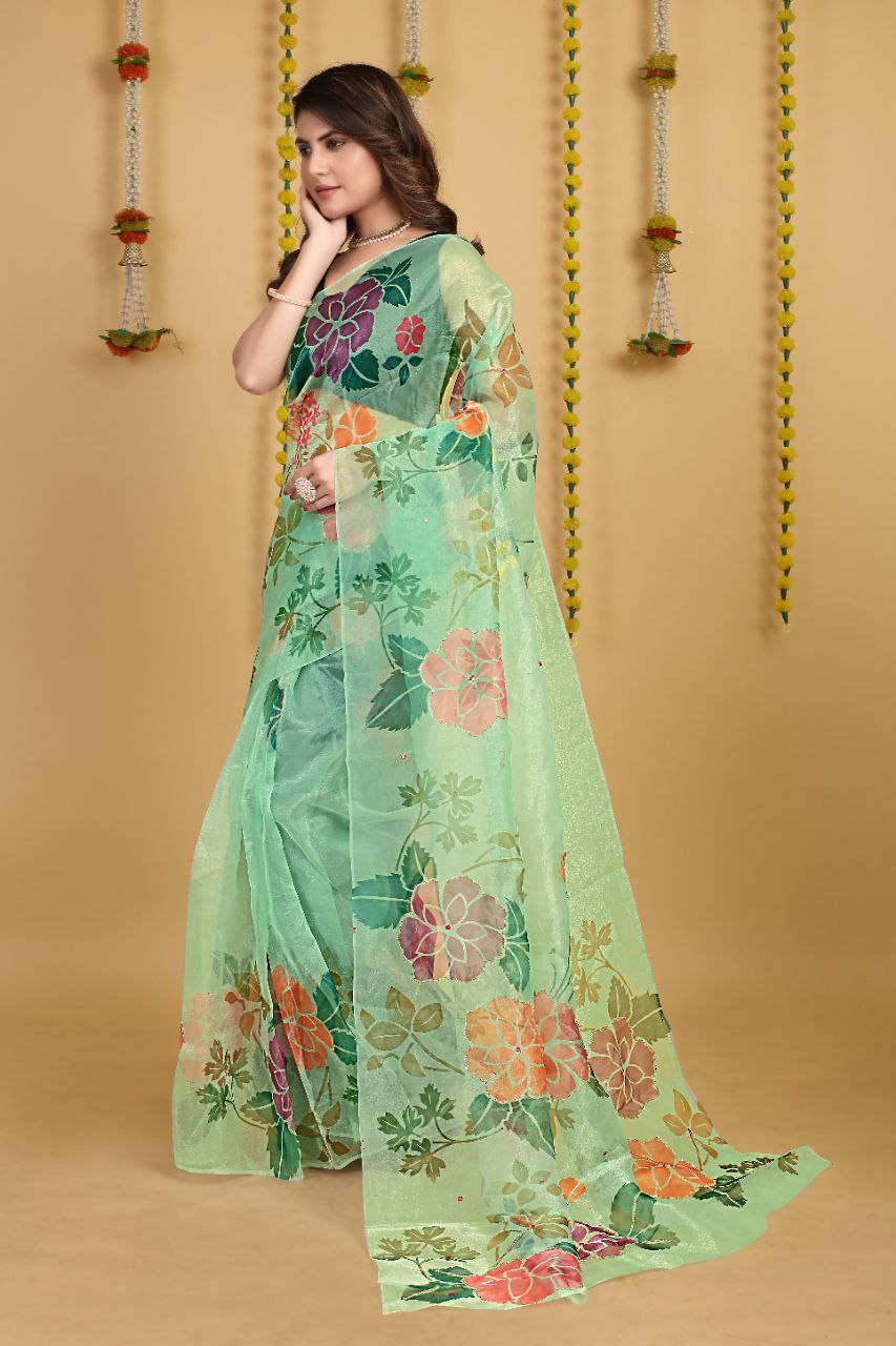 GREEN-Soft Beautiful Digital Print Handwork Organza Silk Saree With Unstitched Blouse.