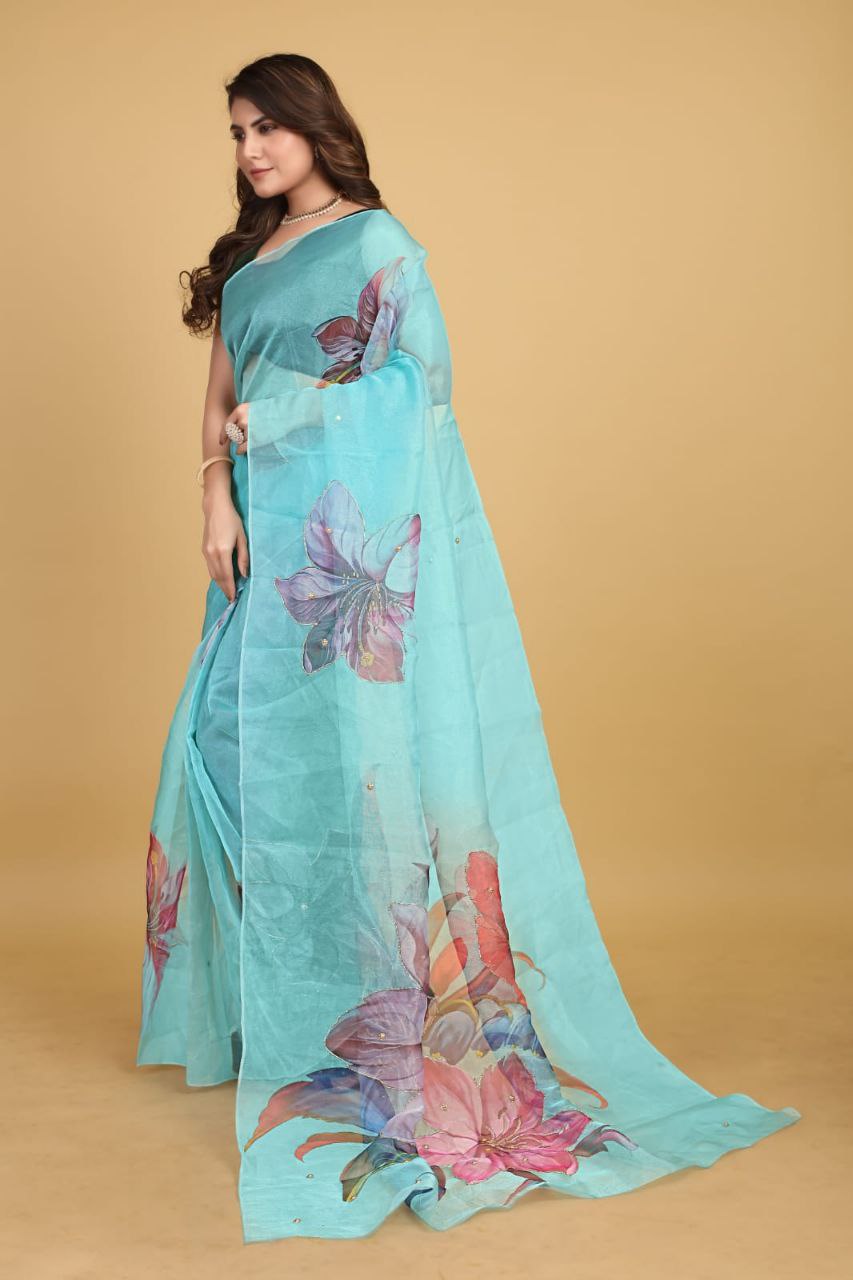 SKY-Soft Beautiful Digital Print Handwork Organza Silk Saree With Unstitched Blouse.