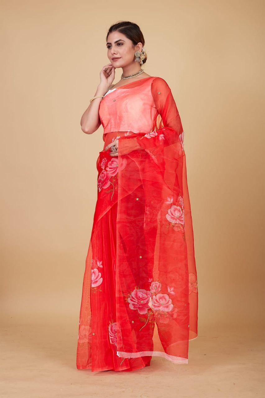 RED-Soft Beautiful Digital Print Handwork Organza Silk Saree With Unstitched Blouse.