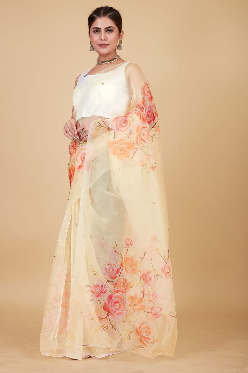 CREAM-Soft Beautiful Digital Print Handwork Organza Silk Saree With Unstitched Blouse.