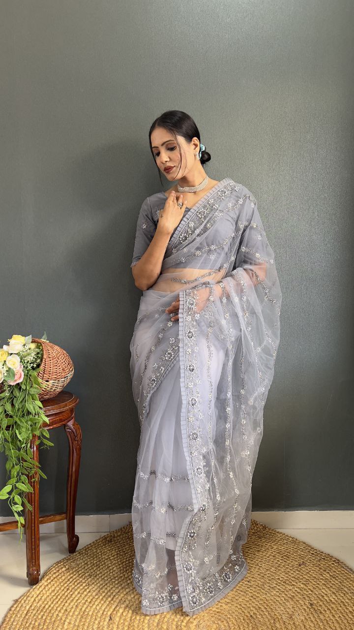 Most Beautiful Latest Premium Net Saree With Beautiful  Dori Work  With Heavy Sequins Work  With Heavy Hand Diamond Work And Beautiful Ruffle Lace On Saree