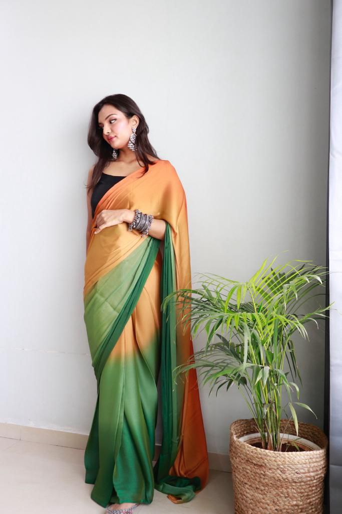 1-Min Ready To Wear Soft Nylon 3D Padding Saree With Unstitched Blouse.